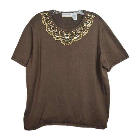 Alfred Dunner Shirt Women's 2X Brown Beaded Neckline Short Sleeves - Picture 1 of 7